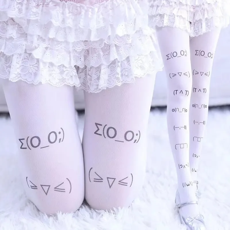 Y2K Sweet Lolita Expression Tights White Graffiti Letter Print Long Socks Kawaii Over The Knee Socks Cosplay Party Stockings
