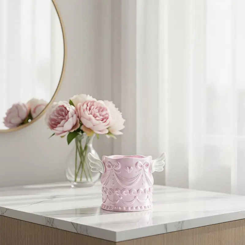 1Pcs Silk Texture Girl Luxury Cosmetic Organizer Bucket Angel Wings Relief Makeup Brush Holder Desktop Pen Cup Gift For Women