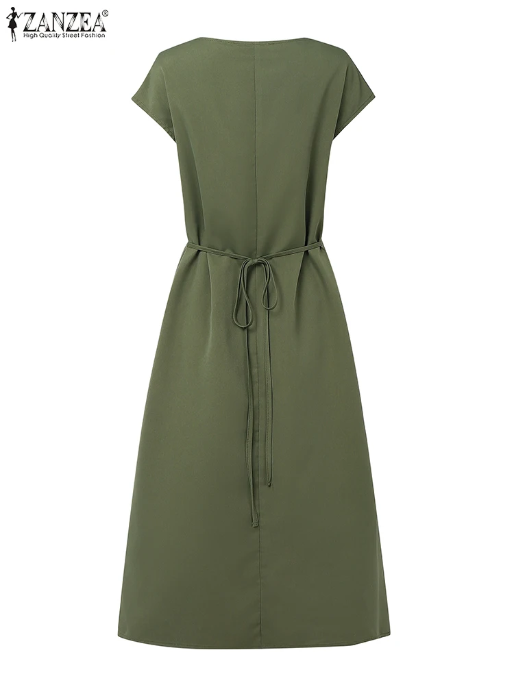 ZANZEA mode florale brodée femmes Robes élégant col montant manches courtes taille froncée Robes mi-longues Femme bureau Robes