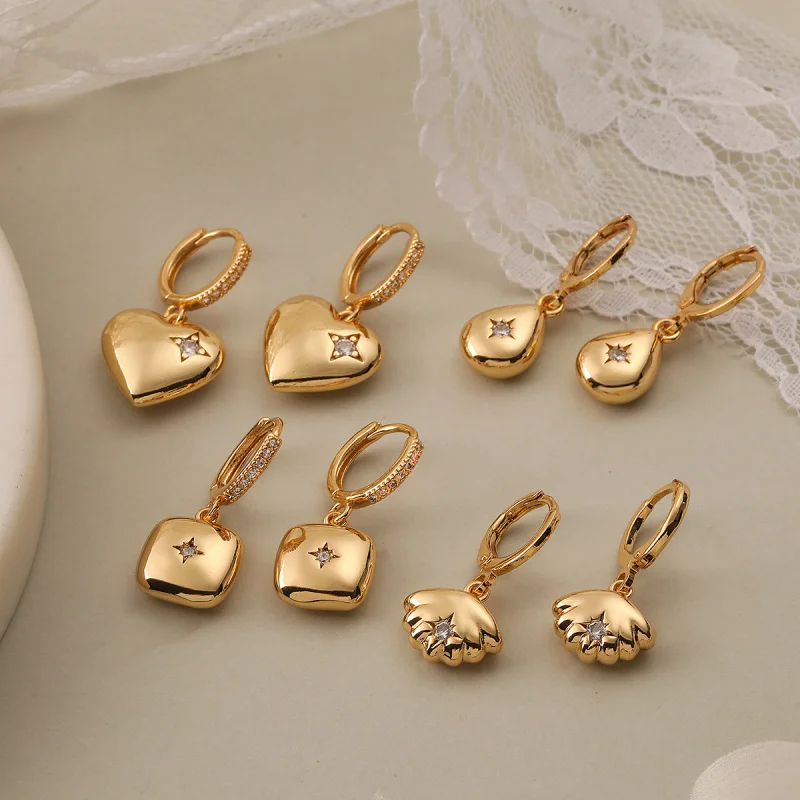 

Copper Plated Real Gold Zircon Heart Geometric for Women European and American Niche High-end Vintage Earrings New