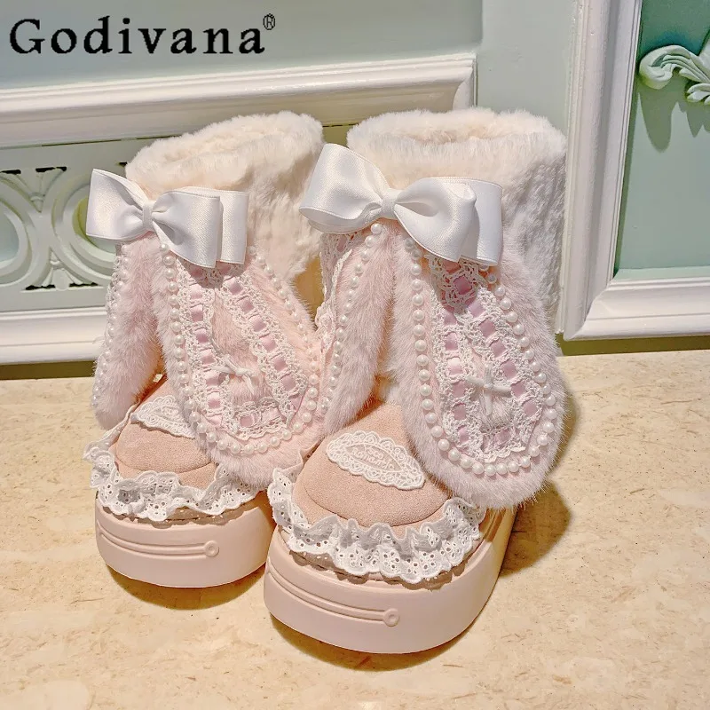 

Height Increasing Snow Boots for Women Original Pink Cute Sweet Style Boots Female Furry Round Toe Short Bowknot Boots
