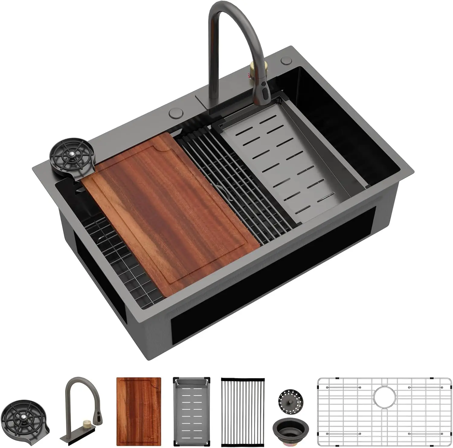 33×22×9 Inch Gunmetal Black Nano PVD Drop In Waterfall Workstation Kitchen Sink, 16 Gauge Handmade Stainless Steel Single Bowl Washing Basin With Rainfall Mode For Household Kitchen