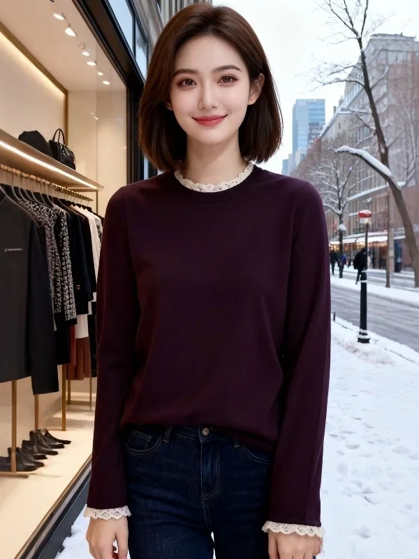 

Женская удлиненная футболка с кружевной отделкой, больших размеров, весенняя базовая одежда, нижняя одежда, топ, корейский стиль, повседневная, удобная