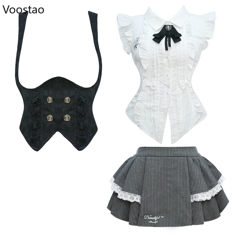 Y2k Vintage 3 Piece Set Women Preppy Style Gothic White Shirt Vest Mini Cake Skirt Suit Female Korean Fashion Elegant Outfits