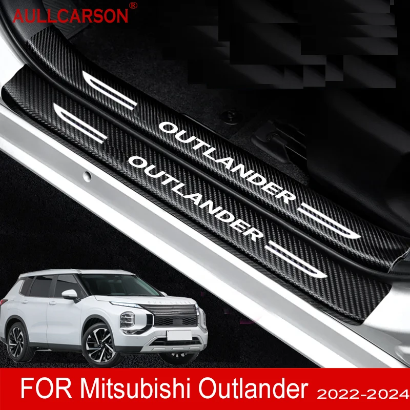 Pegatinas de cuero para puerta de coche Mitsubishi Outlander 2022 2023 2024, Placa de protección, accesorios de tira de umbral de fibra de carbono