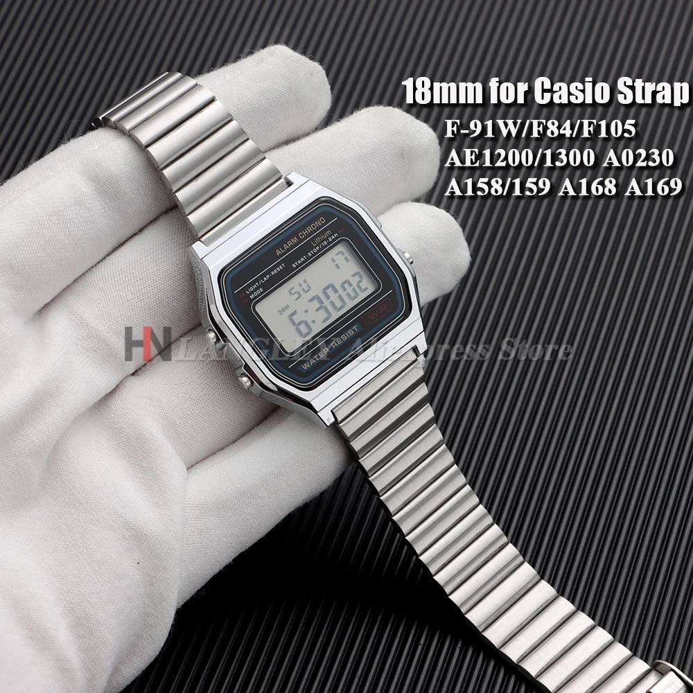 18mm for Casio F-91W Stainless Steel Watch Strap for SGW400 F84 F105 F108 A168 AE1200AE1300 Replacement Belt 10/12/14/16/18/20mm