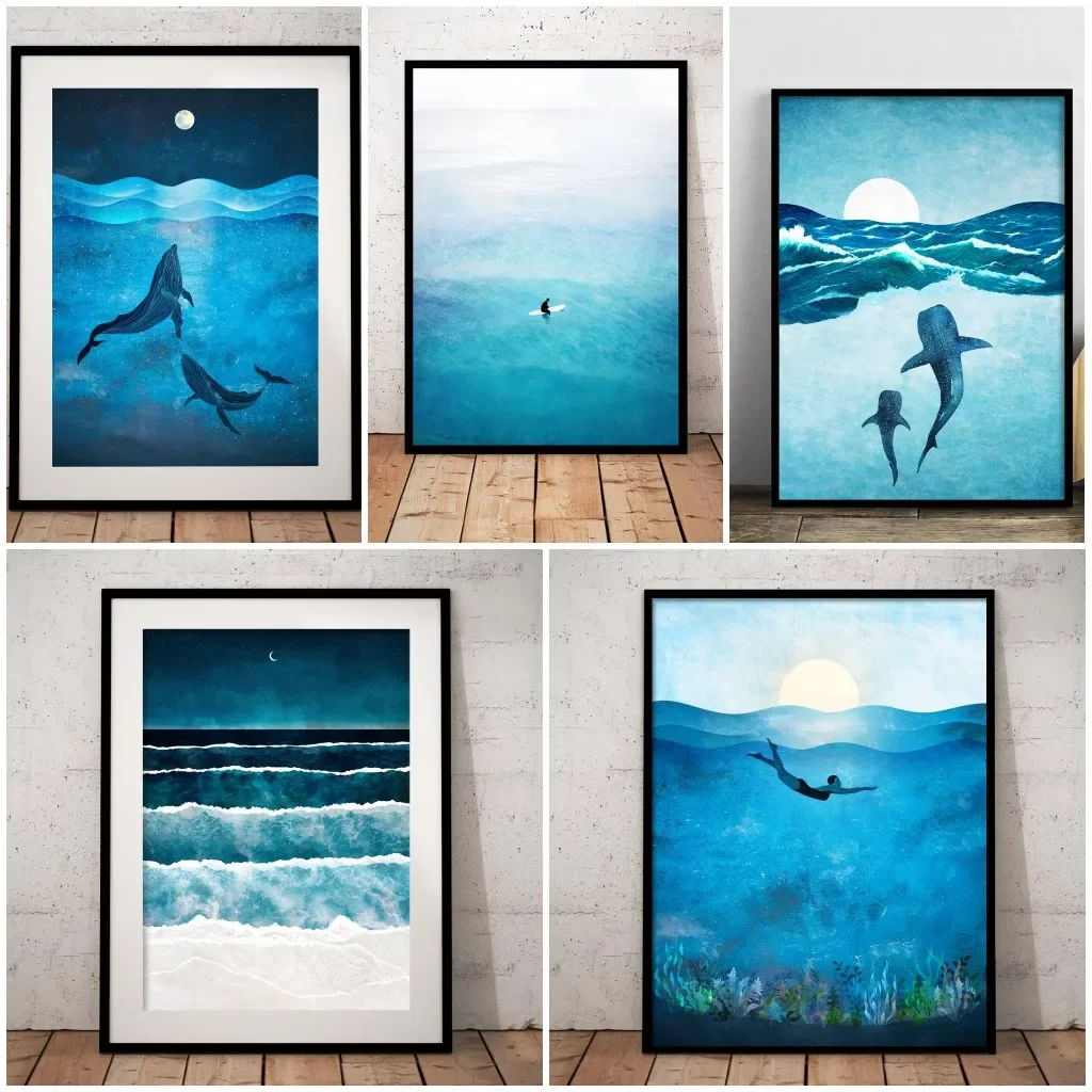 Blue Ocean Canvas Prints Minimalist Nautical Wall Art Wild Swimming Whales Seascape Poster Surfer Waves Picture Home Decor2027
