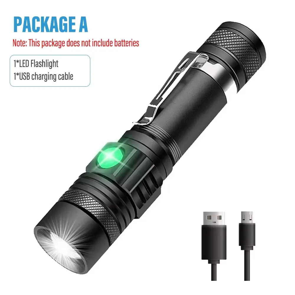 Ultra Bright LED Flashlight With XP-L V6 LED lamp beads Waterproof Torch Zoomable 4 lighting modes Multi-function USB charging