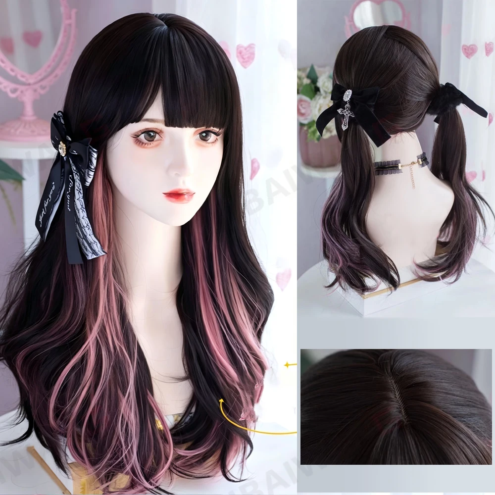 

Black Pink Ombre Lolita Style Wig with Bangs Long Curly Hair High Temperature Fibers Synthetic Wig For Women Festival Cosplay