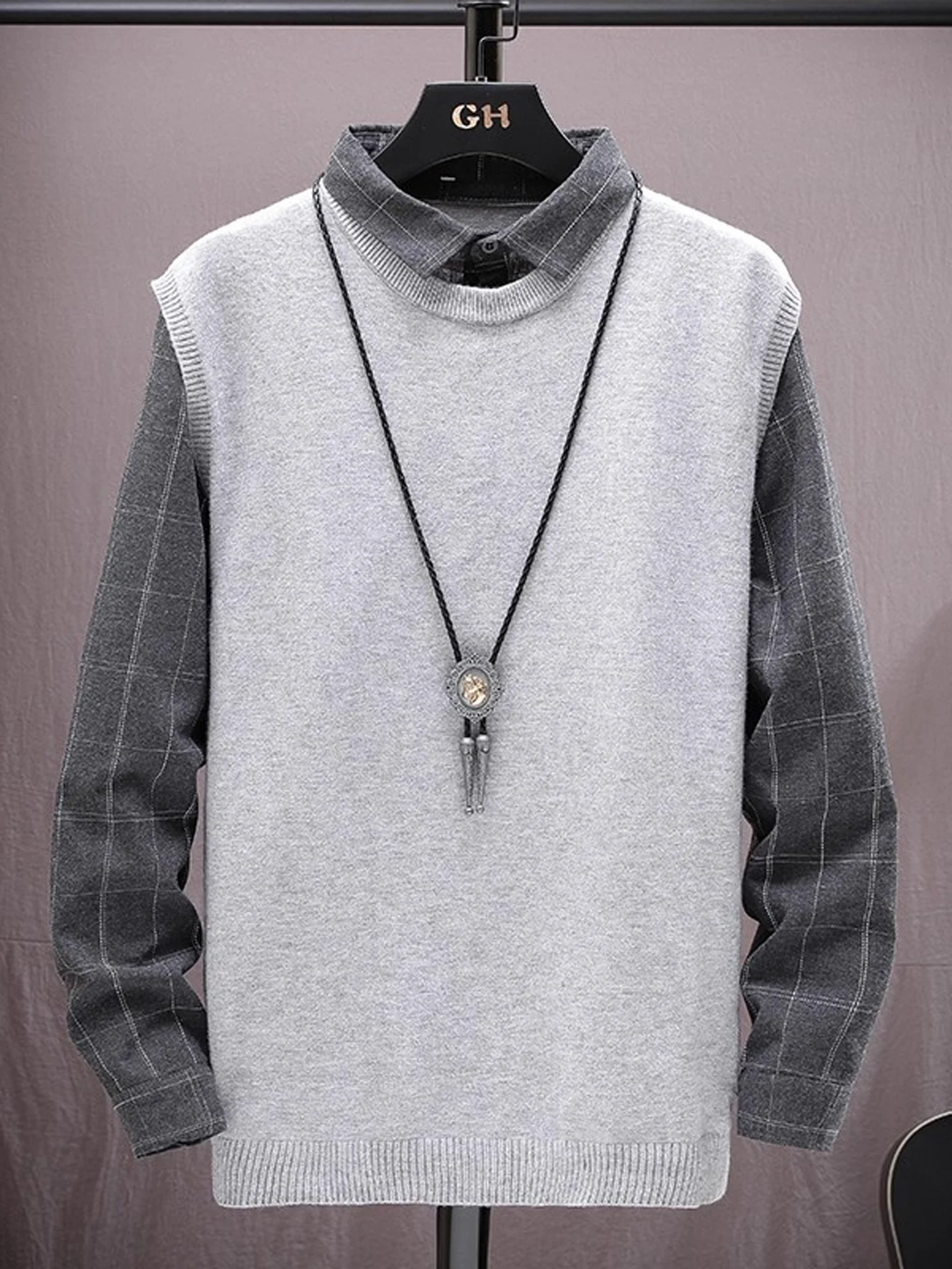 

Мужской вязаный жилет-свитер с клетчатым узором, на пуговицах, повседневный, из полиэфирного волокна, с длинными рукавами