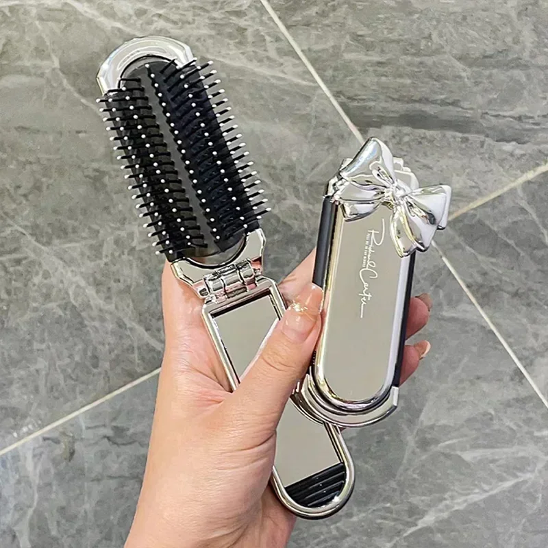 Sliver Bow Folding Air Cushion Comb with Mirror  Diamond Bling Rhinestone Cosmetic Travel Pocket Small Hair Brush Makeup Tools