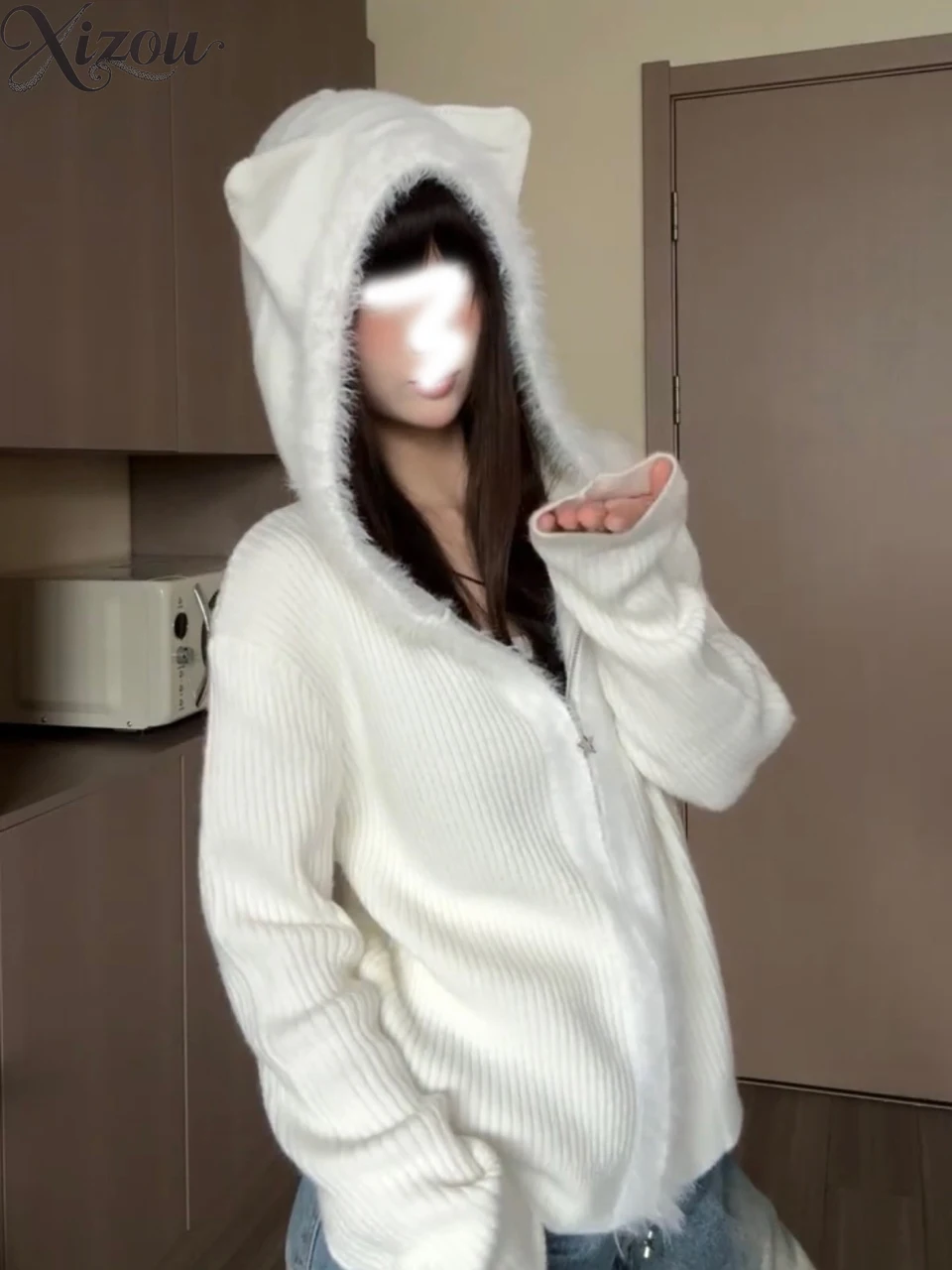 

2025 Autumn Winter Y2K Women Hooded Cardigan Cat Ear Faux Fur Zippers Grunge Loose Slim Knitted Sweaters Slim Fit Long Sleeve