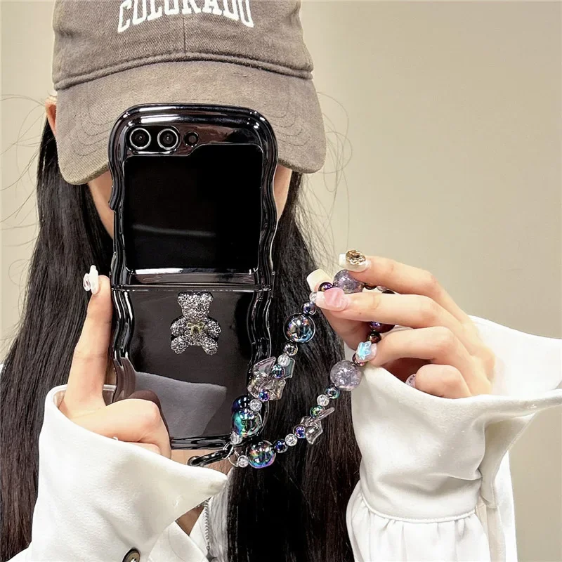 Блестящий чехол с медведем и гальваническим покрытием для телефона Samsung Galaxy Z Flip 6 5 4 3, защитная задняя крышка для ZFlip4 ZFlip5 ZFlip6, чехол