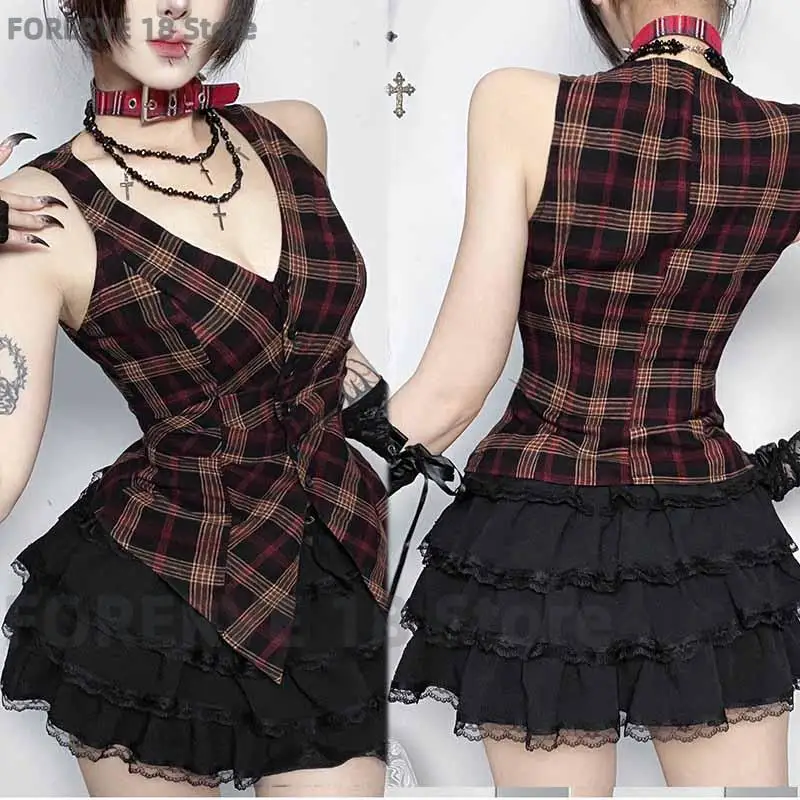 color blocking grid V-neck vest sleeveless waist cincher tops button Y2K versatile shirt women' vintage grid Gothic punk blouse