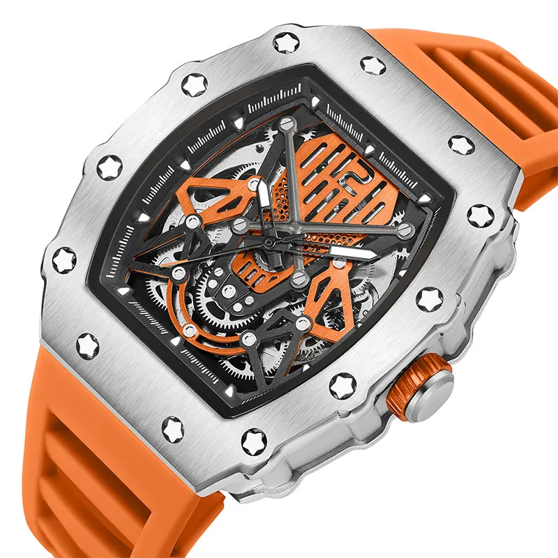 Fashion Ruimas Brand Automatic Watch For Men Silicone Sport Waterproof Mechanical Wristwatch With Silicone Strap Tonneau Dial