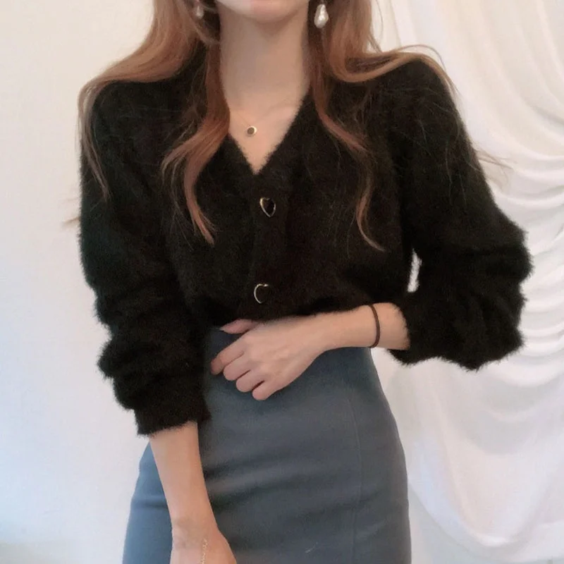 Chique herfstzacht paars V-Ne Ele hartknop nertsen gebreid open vest trui bovenkleding Koreaanse Sle losse pasvorm lang...