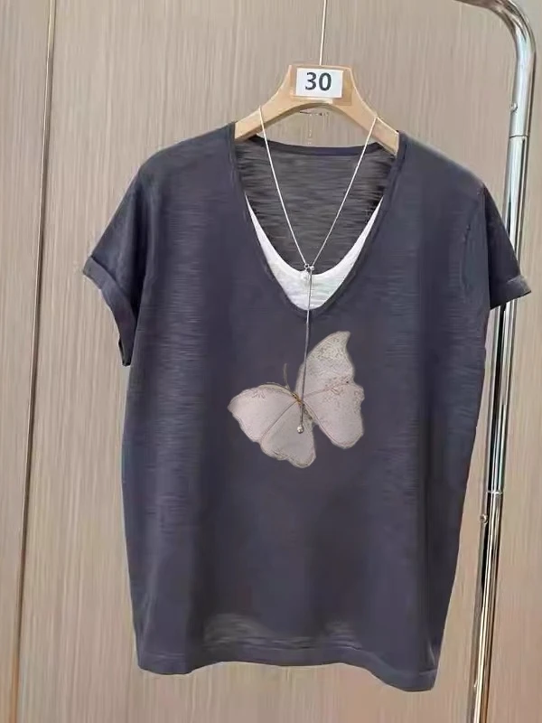 プラスサイズ V ネック半袖 T シャツカジュアル夏の新しいスタイルカバーベリートップ韓国版ルーズフィット吸湿発散性