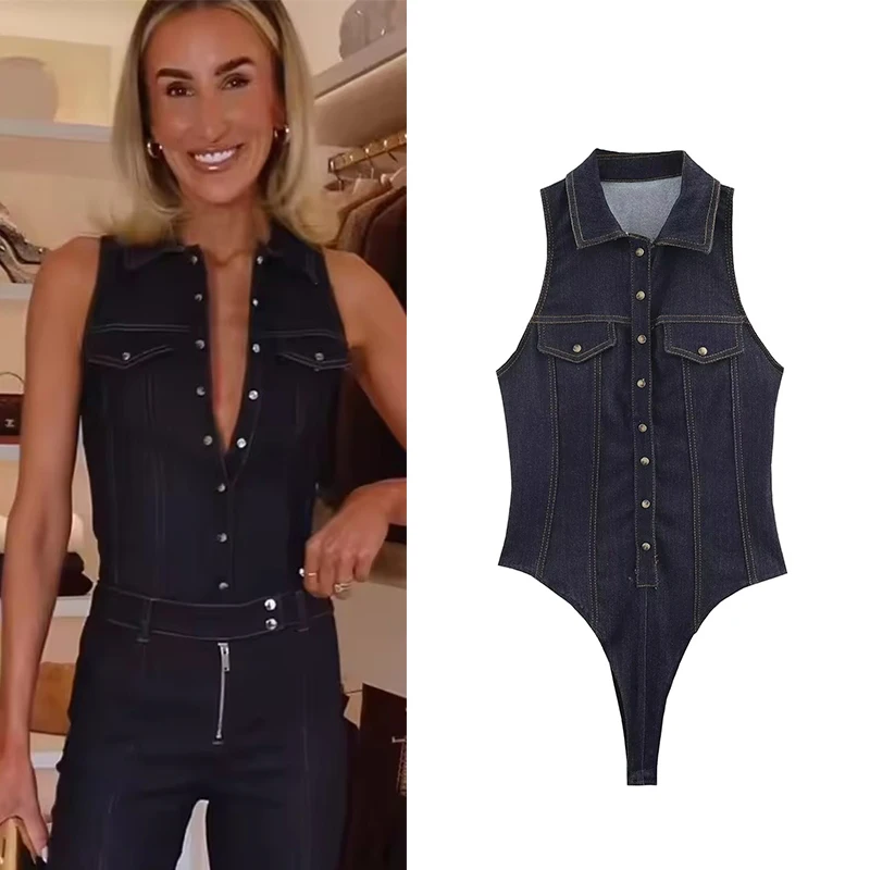 

Women Denim Slim Bodysuit Sleeveless Body Top Female Single-Breasted Bodysuit Summer Fashion Streetwear Short Jumpsuit Tops ﻿