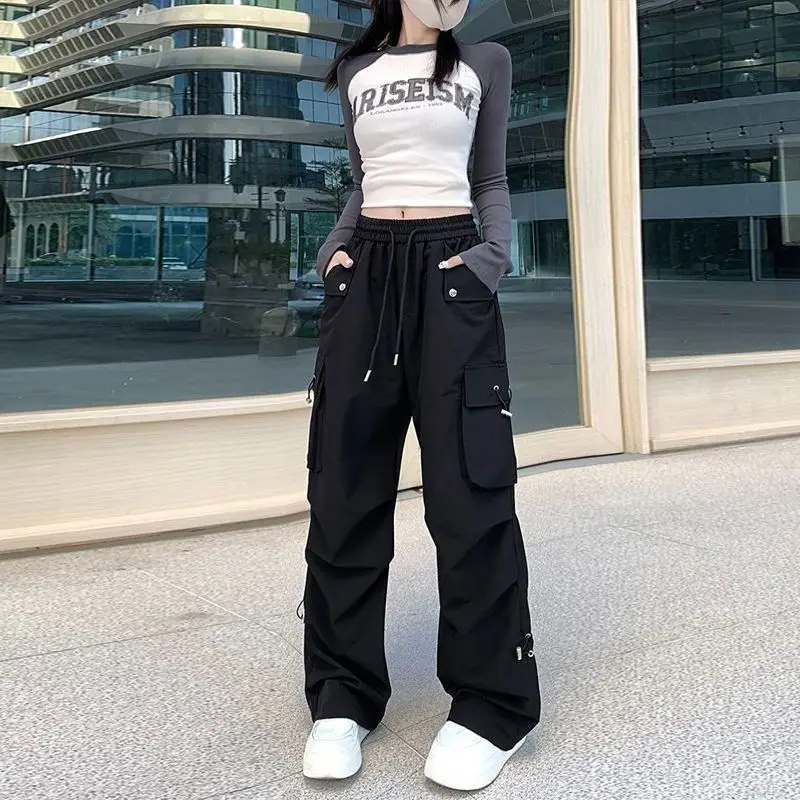 

American Women's 2024 Summer Spliced Elasticized High-waisted Pocket Fashion Solid Color Loose Trend Charging Casual Pants