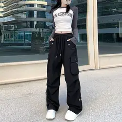 American Women's 2024 Summer Spliced Elasticized High-waisted Pocket Fashion Solid Color Loose Trend Charging Casual Pants