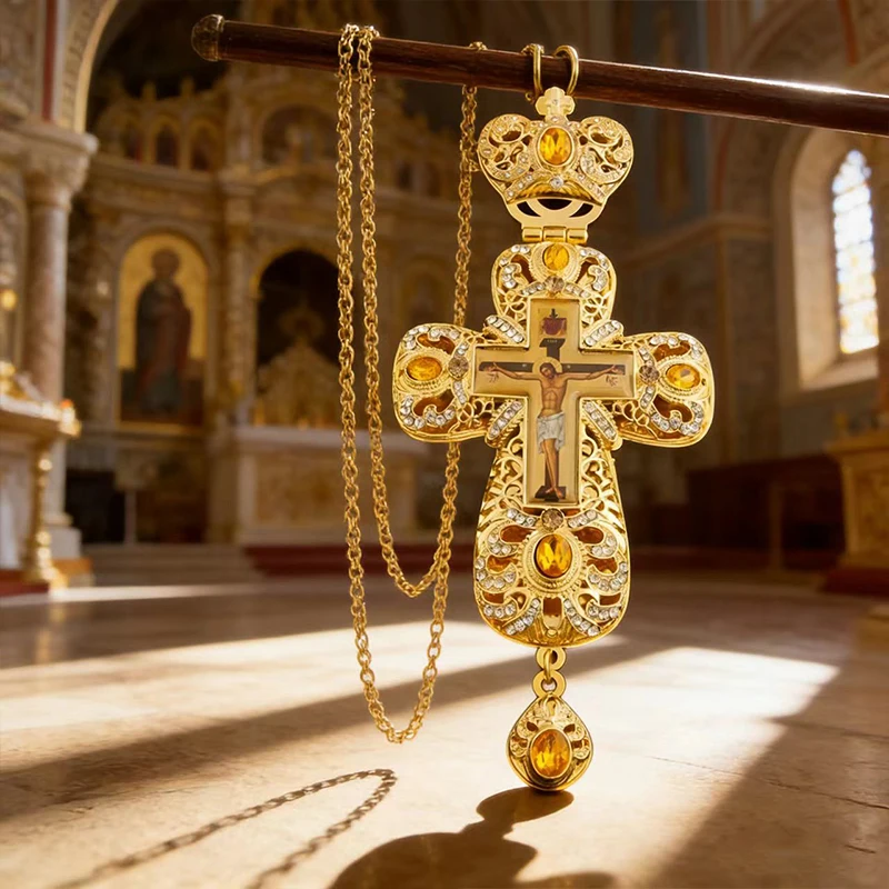 Classic INRI Orthodox Cross Pendant Necklace Gold Tone Jesus Crucifix Jewelry for Church Prayer Spiritual Decoration Collection