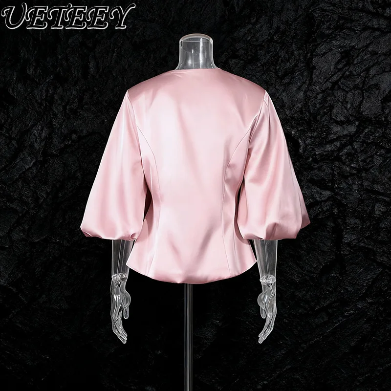 الطازجة الحلو أنيقة نمط نصف نفخة كم بلايز موضة جديدة زر معدني المرقعة الخامس الرقبة الخصر مقصوص قميص للنساء #2