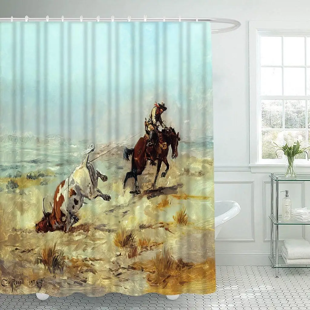Western Cowboy Shower Curtain Horse Riding Rodeo Scene Bathroom Decor Rustic Farmhouse Style Bath Curtain for Home Decoration