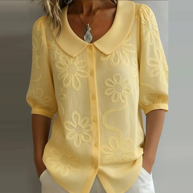 

Elegant Printed Button Shirts For Women Turn Down Collar Half Sleeve Jacquard Blouses Women Summer Shirts Office Lady Tops