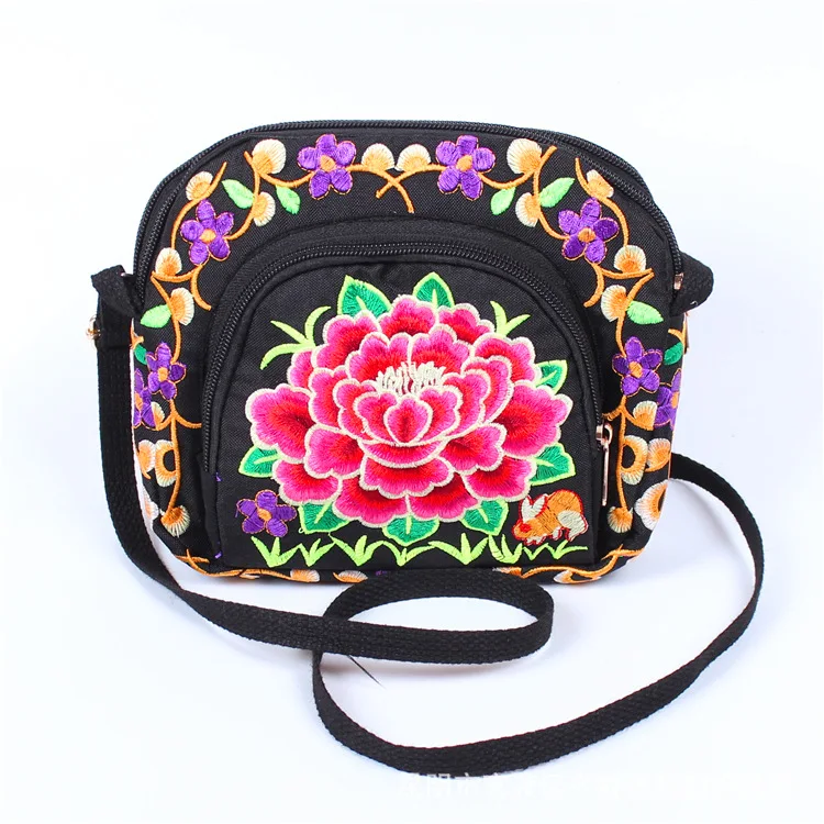 Women Retro Style Embroidered Bag Ladies Flower Shoulder Bag Waist Bag Coin Purse Messenger Bag