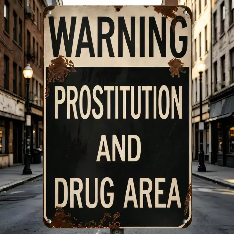 Vintage Rustic Metal Prostitution & Drug Area Warning Tin Sign - Retro Black&White Wall Art, Iron Material, Perfect for Bars/Ret