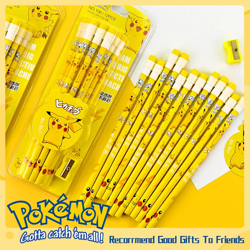 Pokemon Kawaii Schreibwaren-Set, 12-teilig, verpackt, Cartoon-Bleistifte mit Radiergummi, Bleistiftspitzer, Anime-Schulbedarf, Geburtstagsgeschenk für Kinder