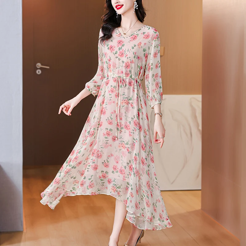 Summer New Women's 3/4 Sleeve Printed Silk Dress Large Loose Drawstring Over Knee Dress Casual Elegant Vacation Dress Vestidos