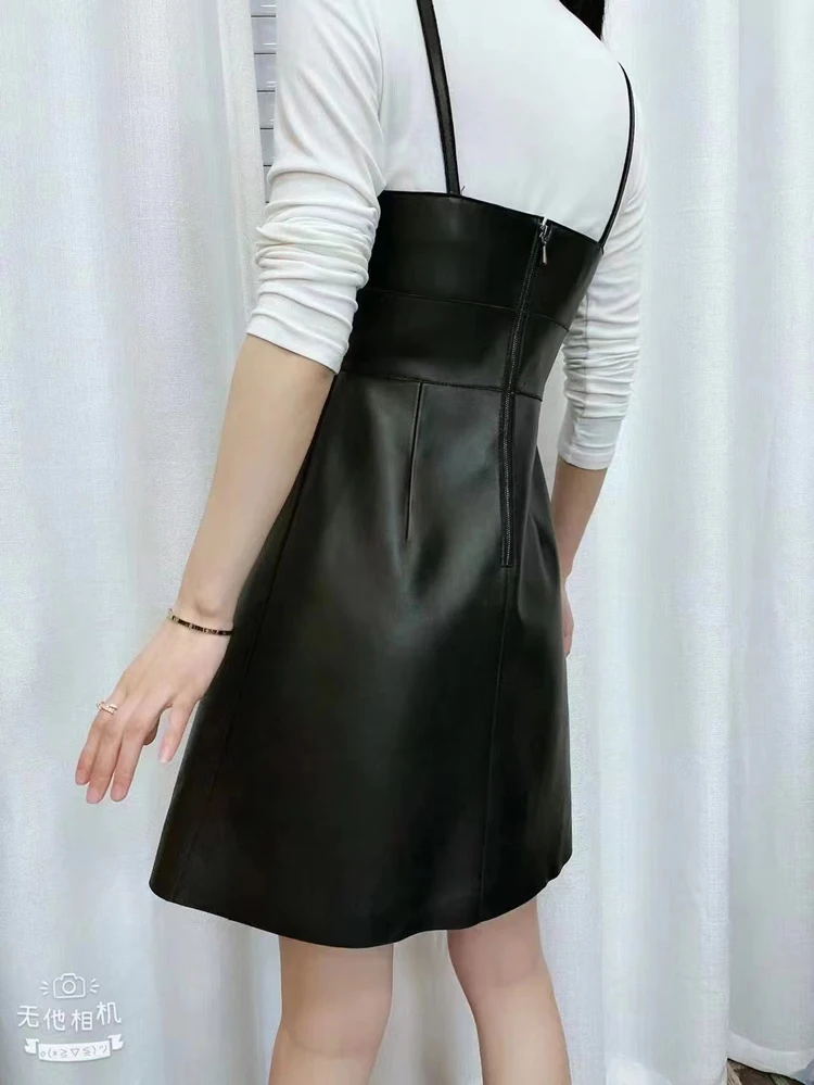 Leather Slip Dress For Women 2023 Spring Winter Female Backless Casual Mini Skirt Mujer V-neck  Short Black Vestido Streetwear