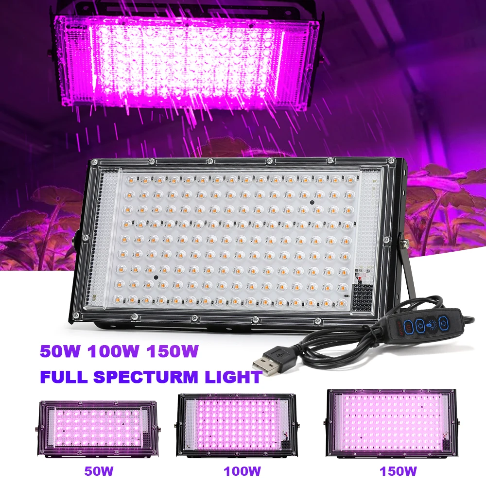 

Фиолетовый свет Светодиодные лампы для выращивания растений Прожектор USB 5 В 50 Вт 100 Вт 150 Вт Светодиодный полный спектрам Фитолампа для растений Гидропоника