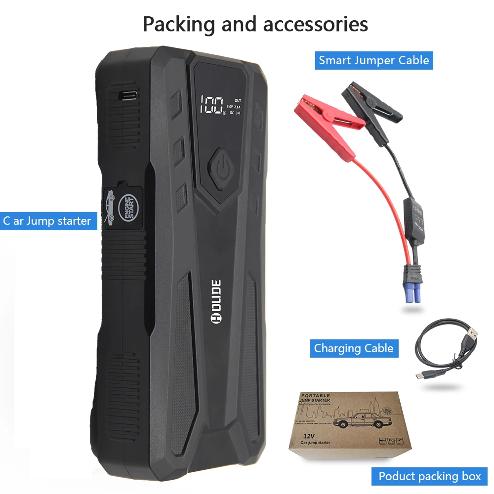 

Car Jump Starter with Display, Auto Booster, Battery Charger, Jumper Box with Display, 1000A Peak, 25000mAh, 12V