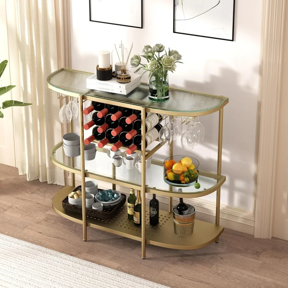 Wine Rack Table with Glass Holders, 3-Tier Liquor Bar Table, Home Bar Coffee Bar Table for Living Room Kitchen