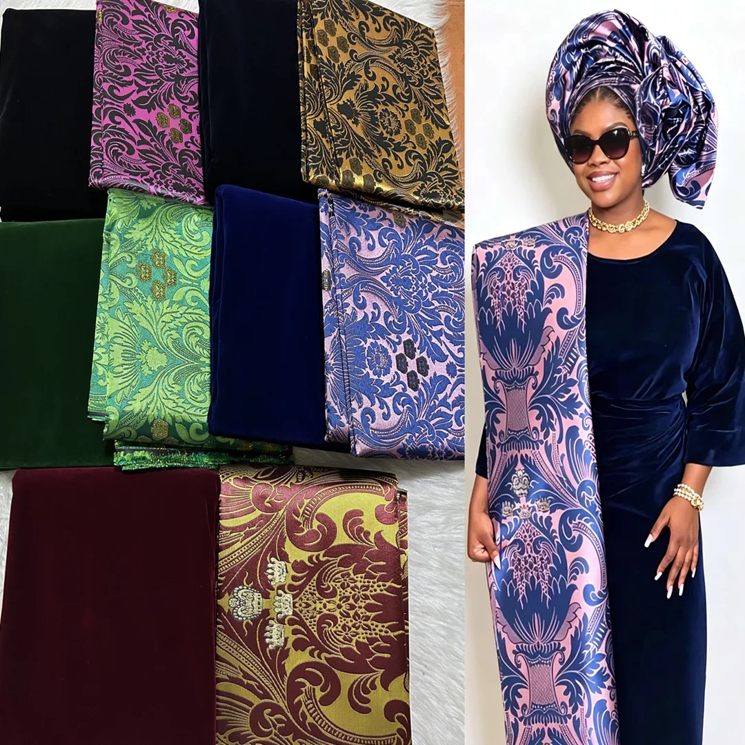 Luxury African 3D Damask Headtie 2.5Yards Match 5Yards Soft Elegantly Velvet Perfect for Creating Timeless Pieces Effortless