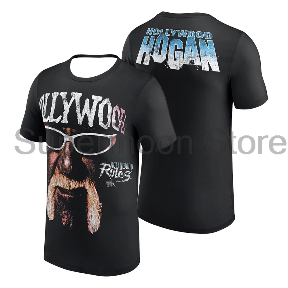 Camiseta masculina preta Hulk Hogan Hollywood Rules, gola redonda, manga curta, streetwear, feminina, para esportes ao ar livre