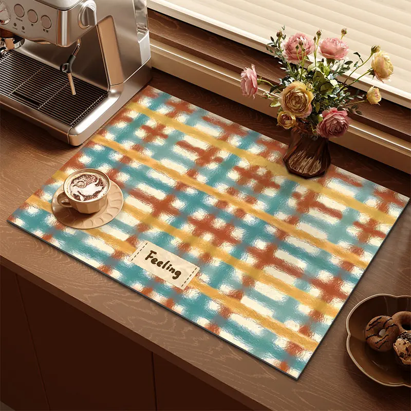 VIKAMA Pastel Oil Painting Plaid Drying Mat Feeling Label Print Non Slip Absorbent Pad For Espresso Kitchen Worktop