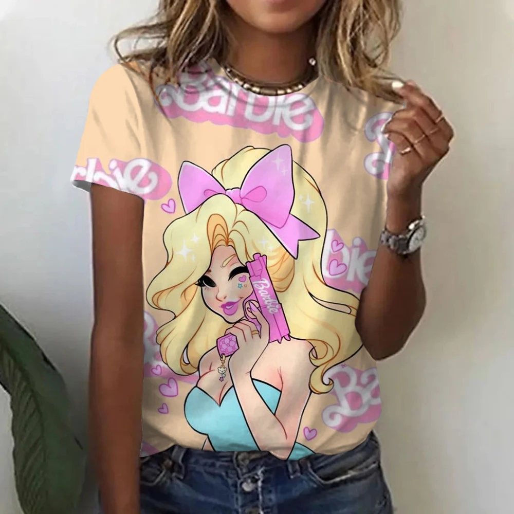 2024 Nowa damska koszulka z krótkim rękawem Barbie Cartoon Wiosna i lato Casual Round Neck Printed Goddess Simple Style T-Shirt