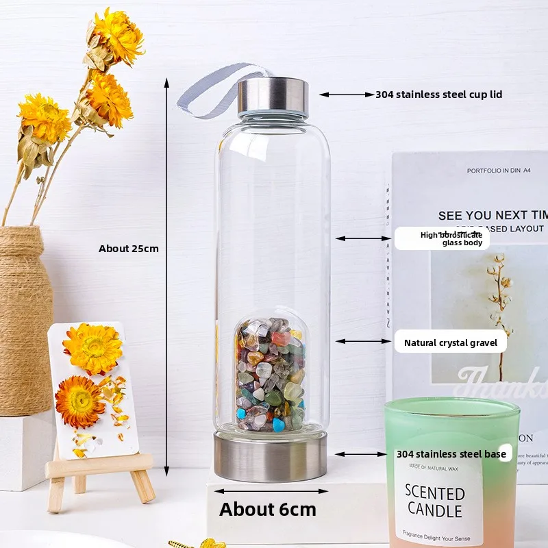 天然水晶石エネルギーカップ 304ステンレス鋼ガラス製水筒 高ホウケイ酸ガラス製水カップ 蓋付き ロープ付き