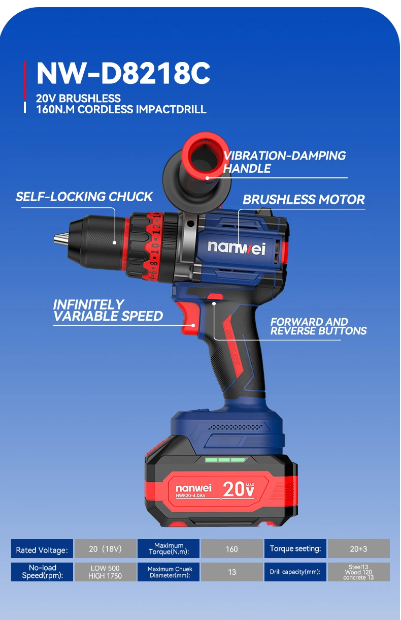 Brushless Cordless Impact Drill NANWEI Cordless 20v 13mm Ice Drill Power Tool 160NM High Torque