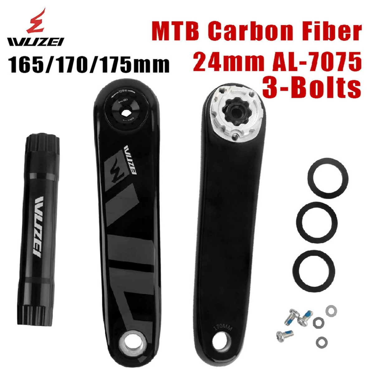 

WUZEI Carbon Fiber MTB Crank Arm 24mm Axle Mountain Bicycle Sprocket 165 170 175mm Candle Foot 3 Bolts Direct Mount Arm Cycling
