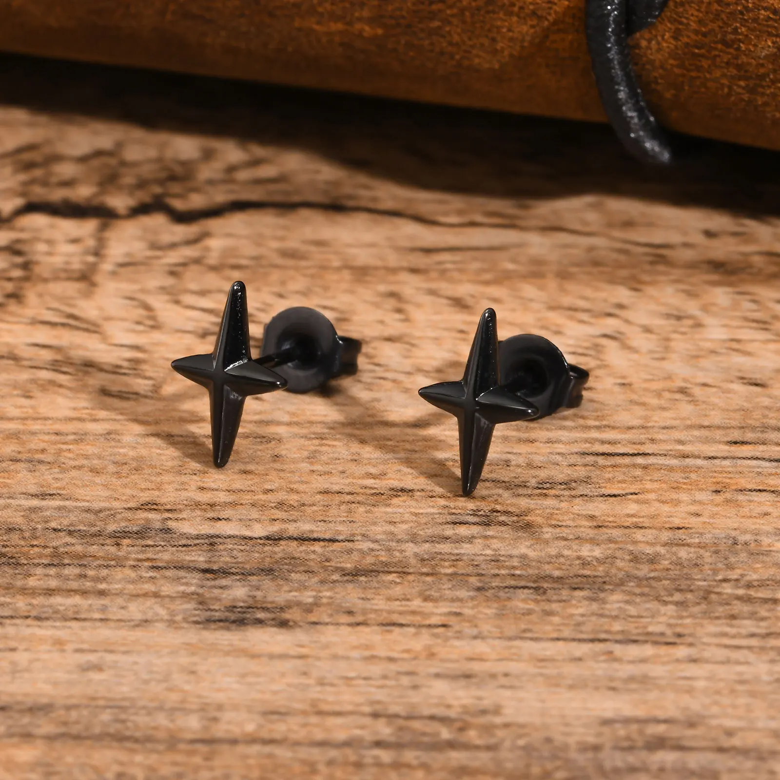 Black Star Stud Earrings for Men Boys,Stainless Steel Four Point Star Earring,Trendy Hiphop Jewelry