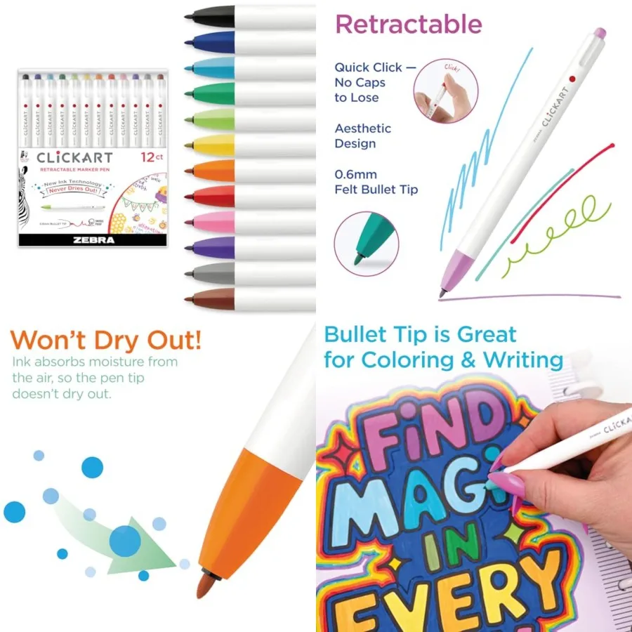 

Ручка Zebra CLiCKART Выдвижная ручка с фетровым наконечником Разные цвета чернил 0,6 мм Тонкая точка Впитывание влаги для предотвращения высыхания Идеально подходит