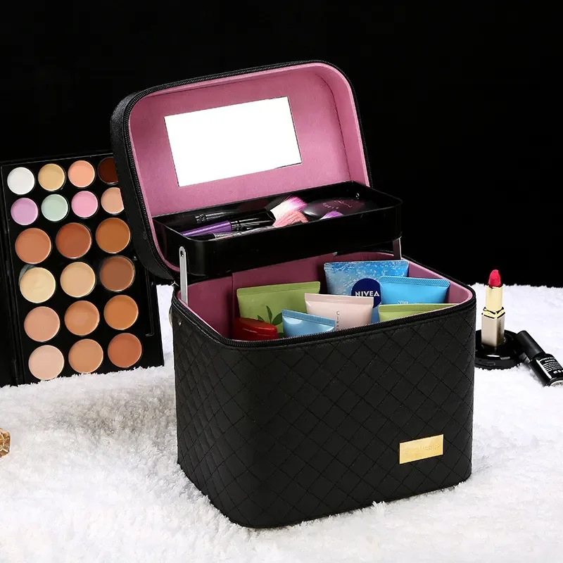 Solid Color Waterproof Cosmetic Bag With Mirror Large Capacity Portable Travel Storage Box Multi Layer Partition Makeup