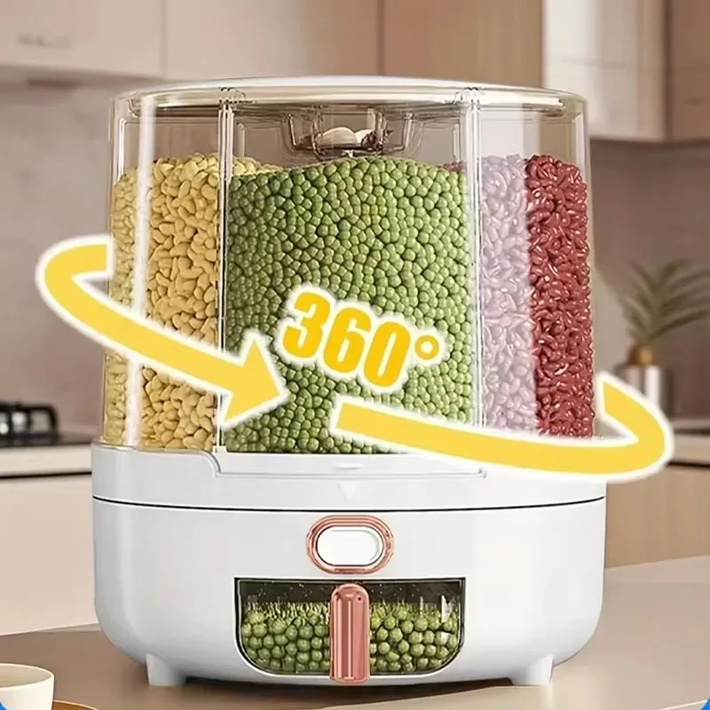 6-Compartment 360° Rotating Airtight Food Storage Container - Moisture-Proof for Cereal, Candy, Rice - Kitchen Pantry Organizer