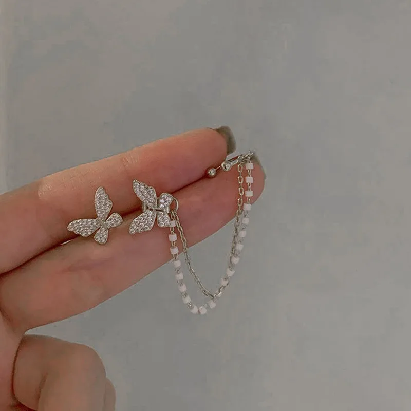Butterfly Ear Studs para mulheres, brincos na moda coreana, corrente Earclip, jรณias borla, presente de aniversรกrio