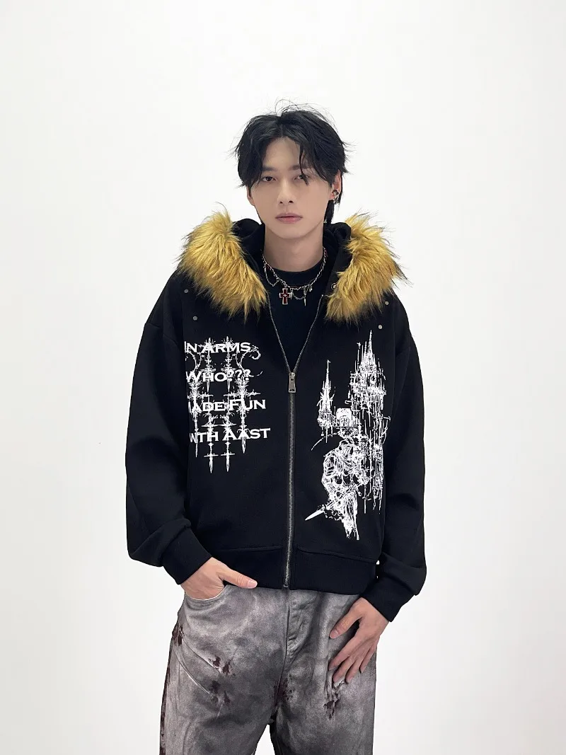 Y2K ثقافة فرعية أمريكية شارع العليا الموضة العصرية الفراء طوق مقنعين البلوز فضفاضة عادية سترة قصيرة سترة