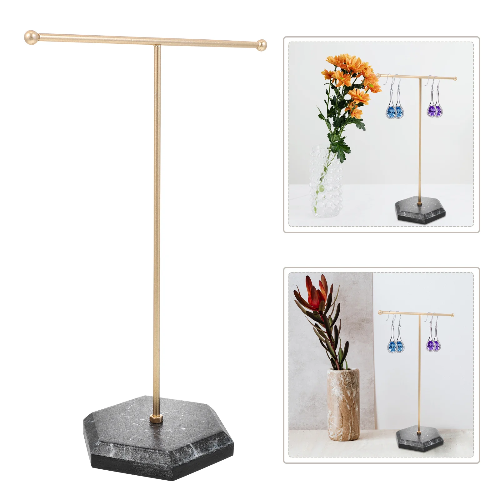 

Jewelry Hanging Rack T-Bar Earring Stand Marble Base Sturdy Display For Necklace Ring Organizer Earring Holder Decor